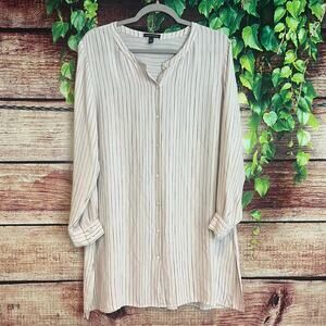 Eileen Fisher $219 Silk Painterly Striped Long Sleeve Blouse Large Tunic Top